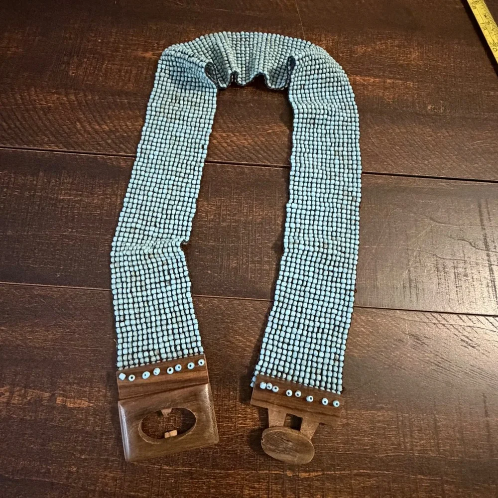 Vintage Beaded Boho Wood Buckle Waist Belt Light Blue Festival Coastal Aesthetic